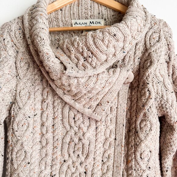 Aran Mor Oatmeal Beige Asymmetrical Wrap Merino Wool Cardigan M - Picture 4 of 9